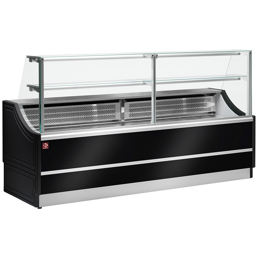 Mostrador vitrina refrigerada panel derechos 90°, con reserva