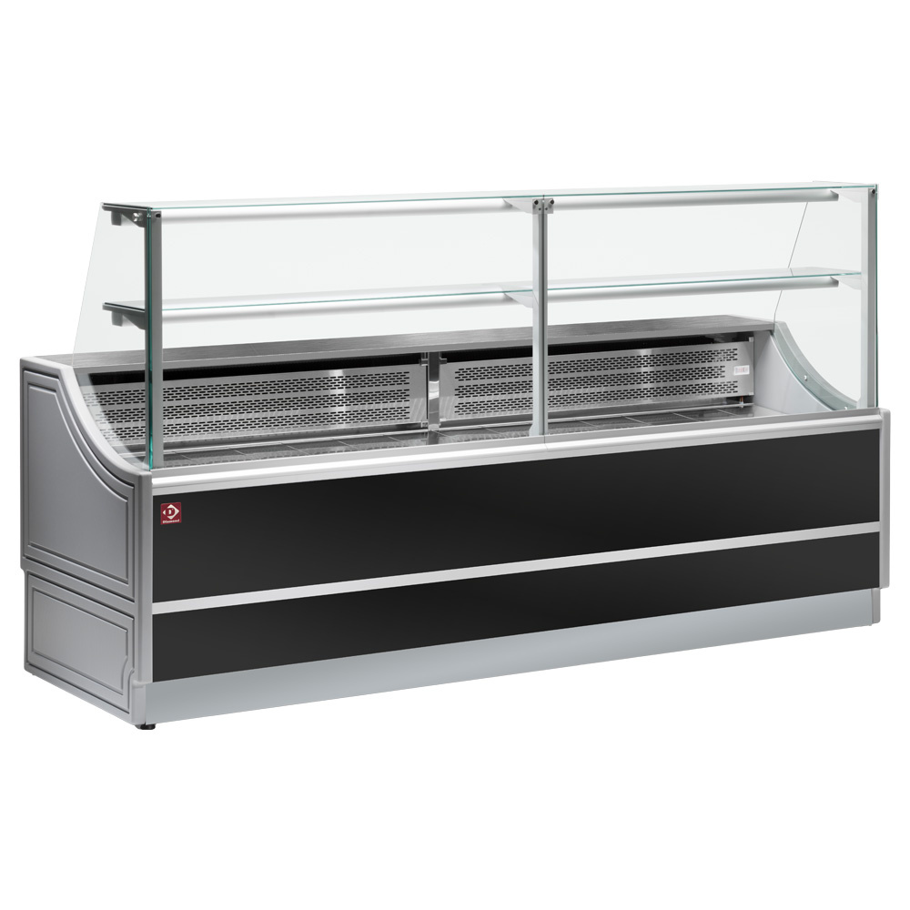 Mostrador vitrina refrigerada panel derechos 90°, con reserva