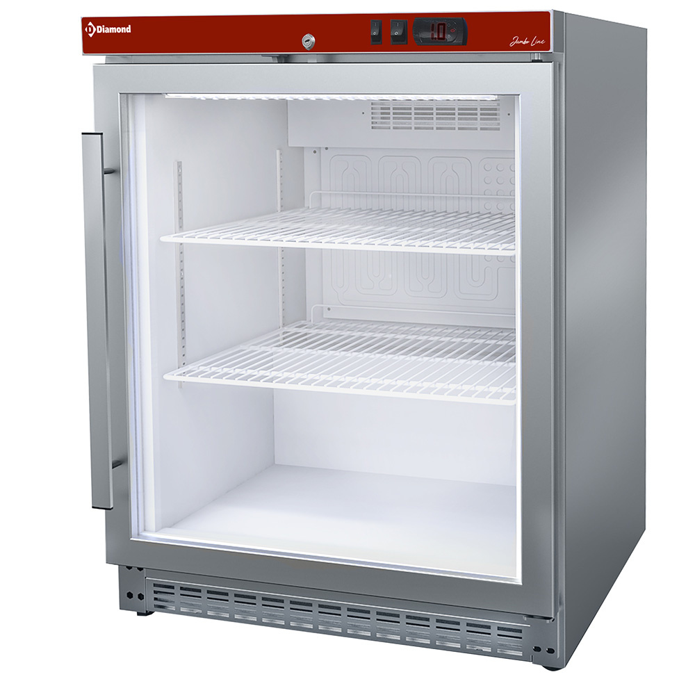 Frigorífico ventilado, puerta de vidrio, 150 litros. acero inoxidable