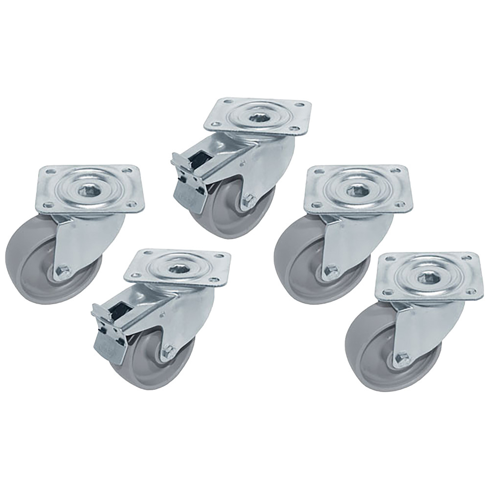 Kit 5 ruedas "galvanizadas", pivotantes, por mesas 2x freno
