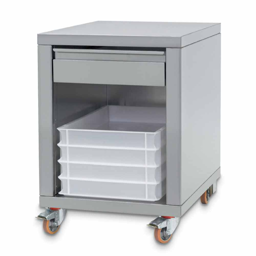 Soporte en inox + cajón, su ruedas, para formadoras