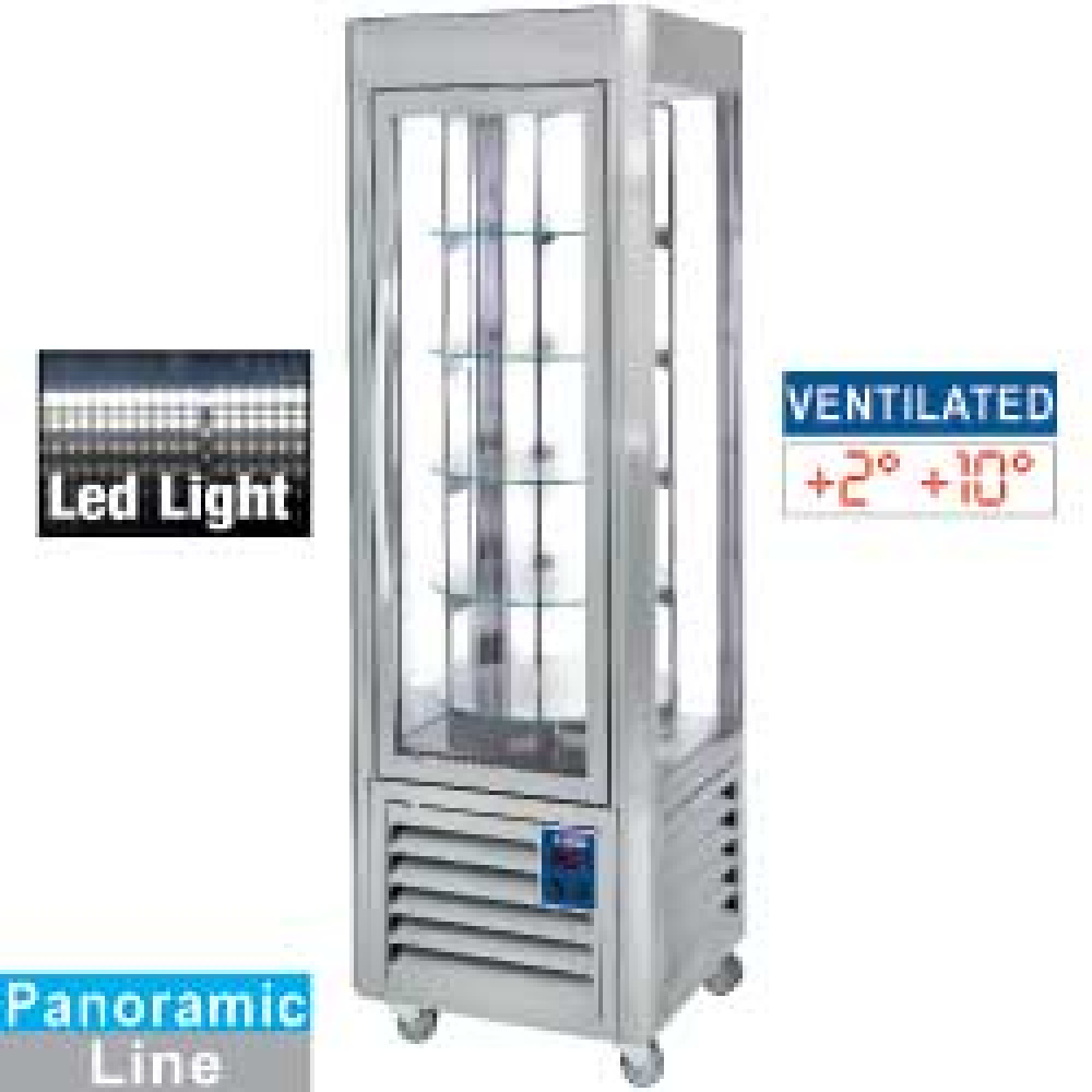 Vitrina panorámica, 5 platos girotorios, 360 LT, inox.