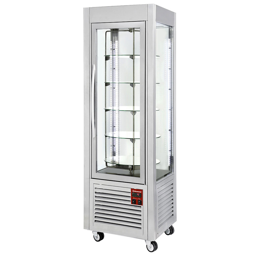 Vitrina panorámica, 5 platos girotorios, 360 LT, inox.