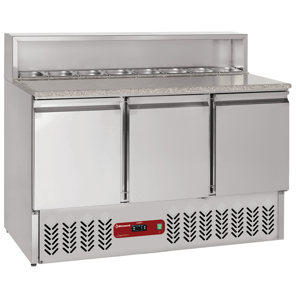 Mesa de preparación de 3 puertas GN 1/1, 380 Lit, estructura refrigerada 8x GN1/6-150 mm
