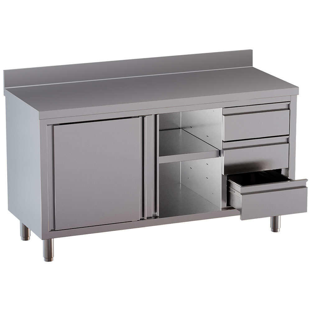 Mesa armario con 2 puertas correderas, 3 cajones, con peto trasero