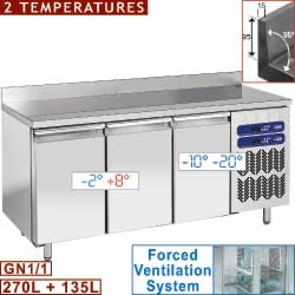 Mesa frigorífica y de congelación, 2 témperatures "mural ", ventilada, 4 puertas GN 1/1, 405 Lit.