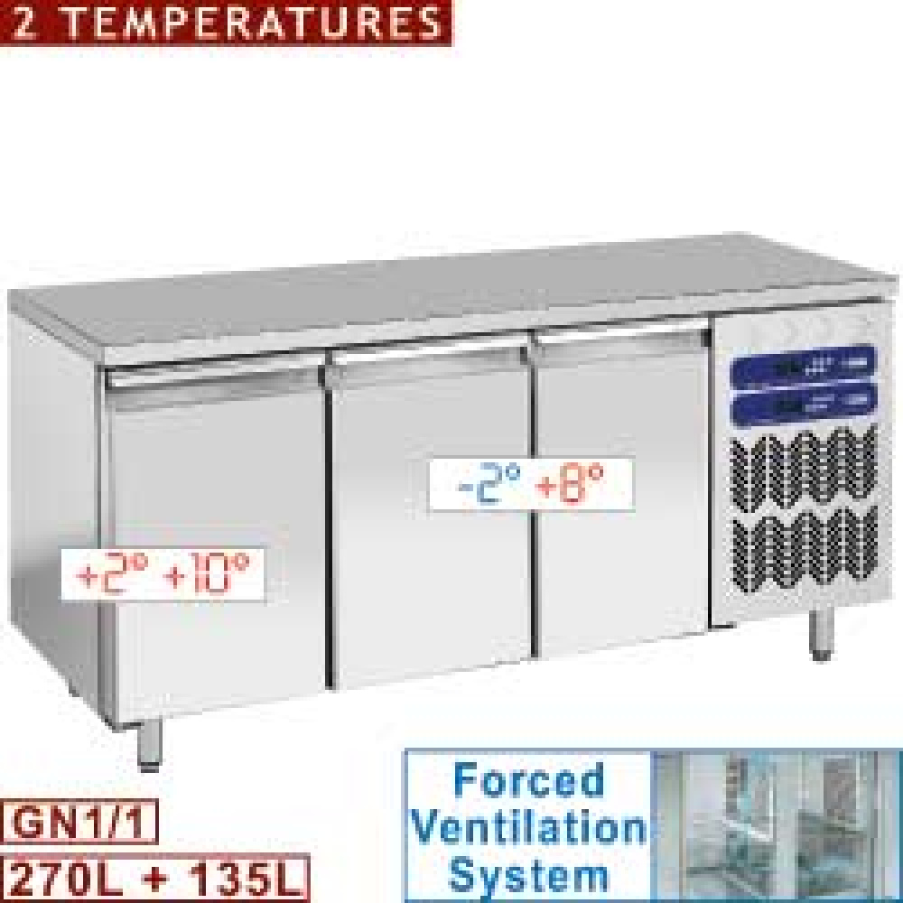 Mesa frigorífica, 2 temperaturas, ventilada, 3 puertas GN 1/1