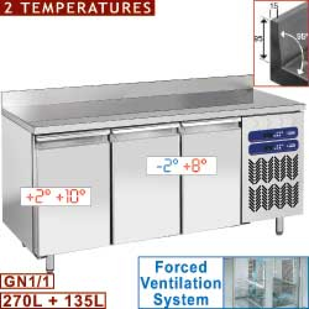 Mesa frigorífica, 2 témperatures mural ", ventilada, 3 puertas GN 1/1, 405 Lit.