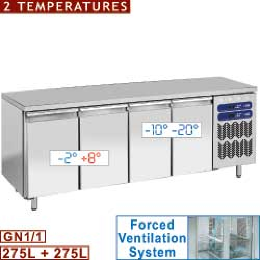 Mesa frigorífica y de congelación, 2 témperatures, ventilada, 4 puertas GN 1/1