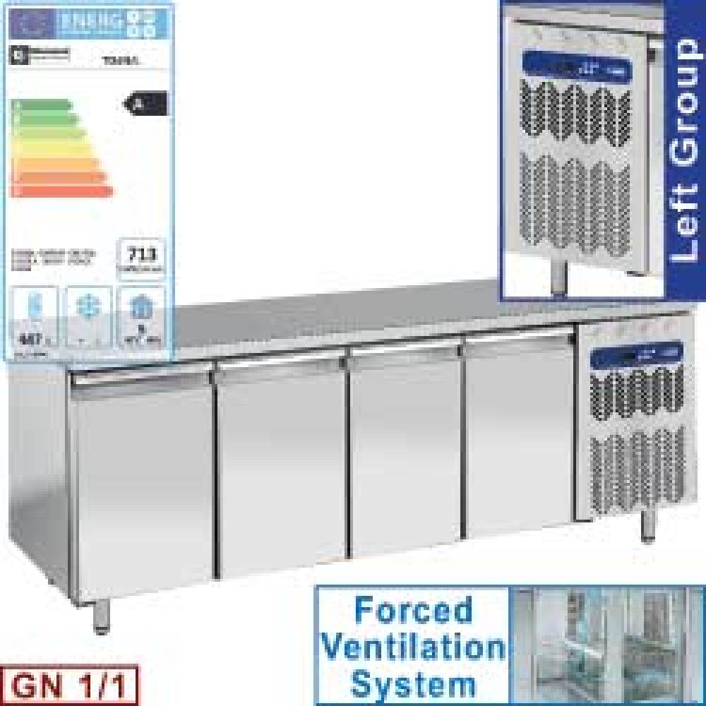 Mesa frigorifica, ventilada, 4 puertas GN1/1, grupo a la izquierda