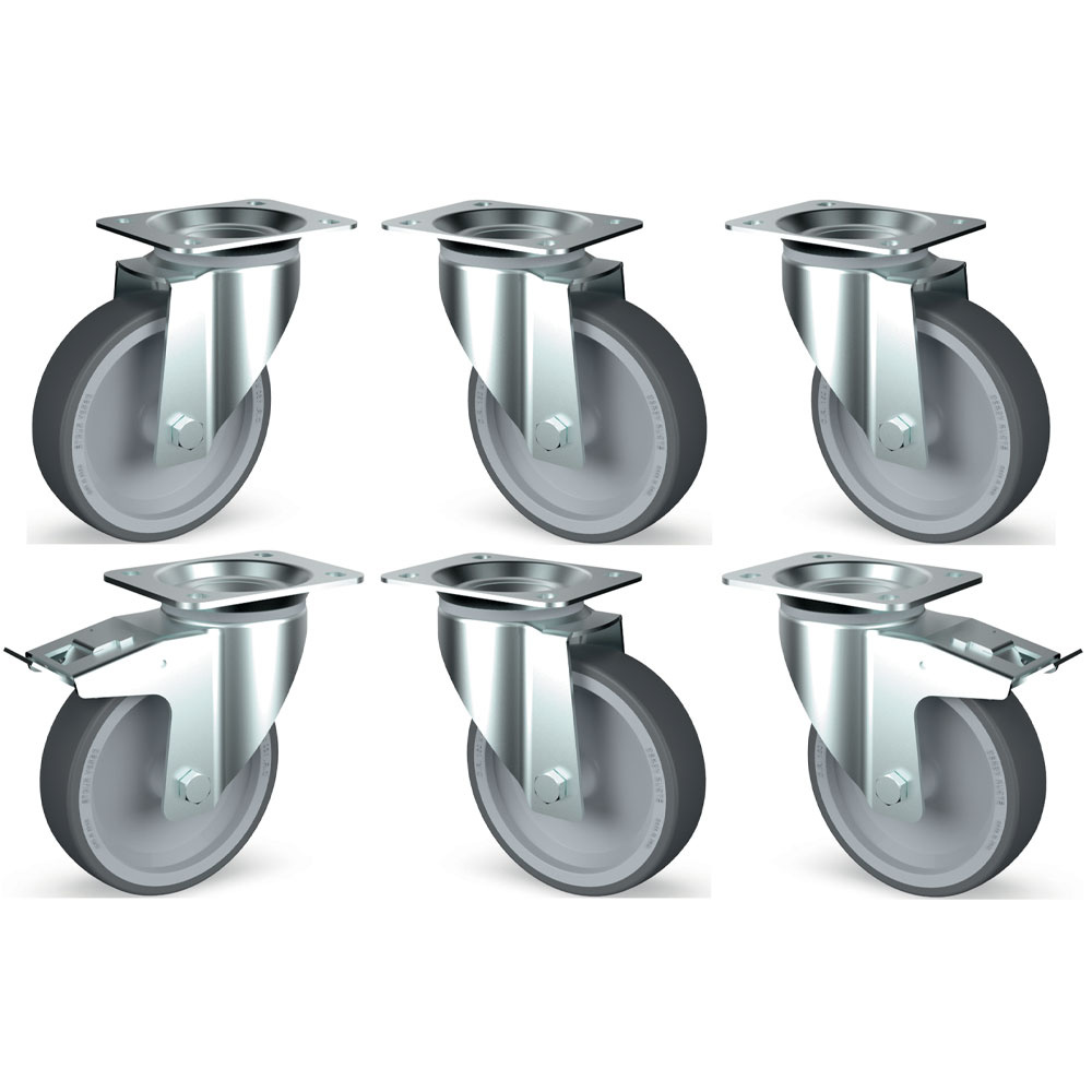 Kit 6 ruedas inox, pivotantes, 2x freno