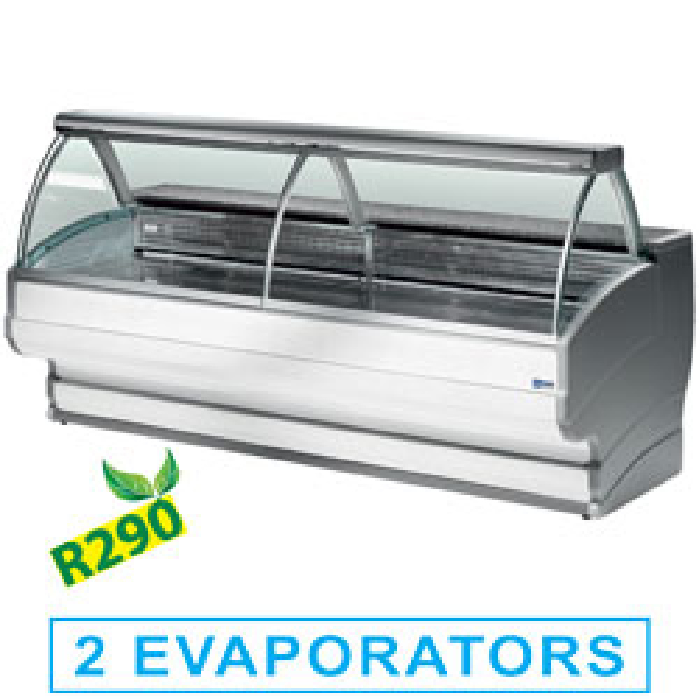 Mostradores vitrinas refrigerados con cristal frontal curvado, con reserva refrigerada
