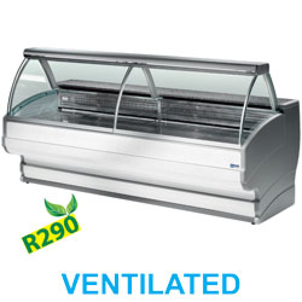 Mostrador vitrina refrigerada vidrio curvo, ventilado, con reserva