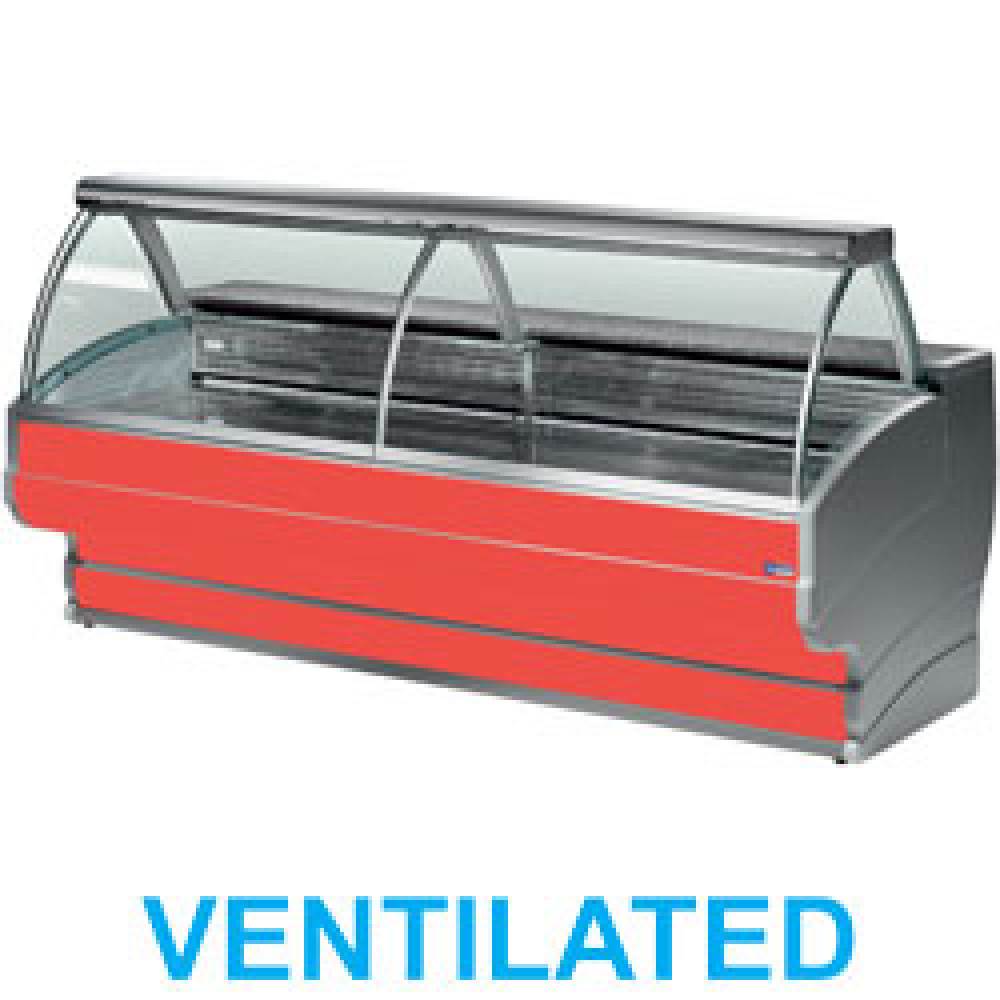 Mostrador vitrina refrigerada vidrio curvo, ventilado, con reserva