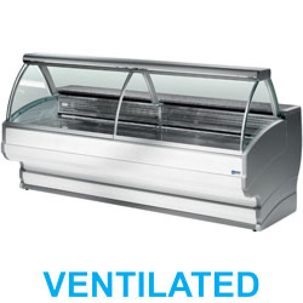 Mostrador vitrina refrigerada vidrio curvo, ventilado, con reserva