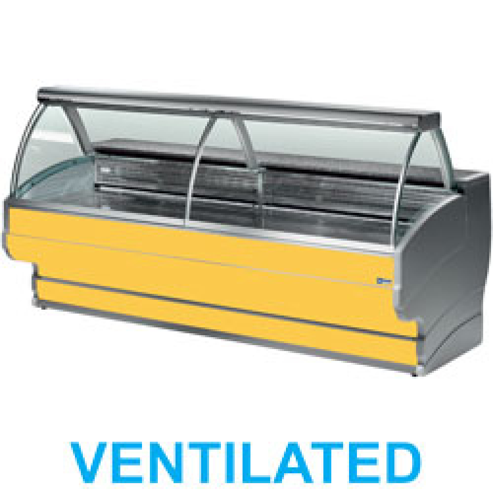 Mostrador vitrina refrigerada vidrio curvo, ventilado, con reserva
