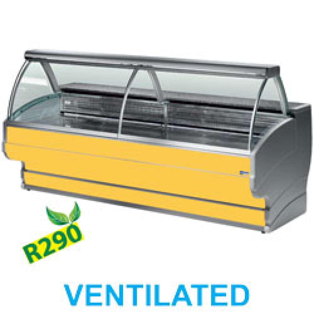Mostrador vitrina refrigerada vidrio curvo, ventilado, con reserva