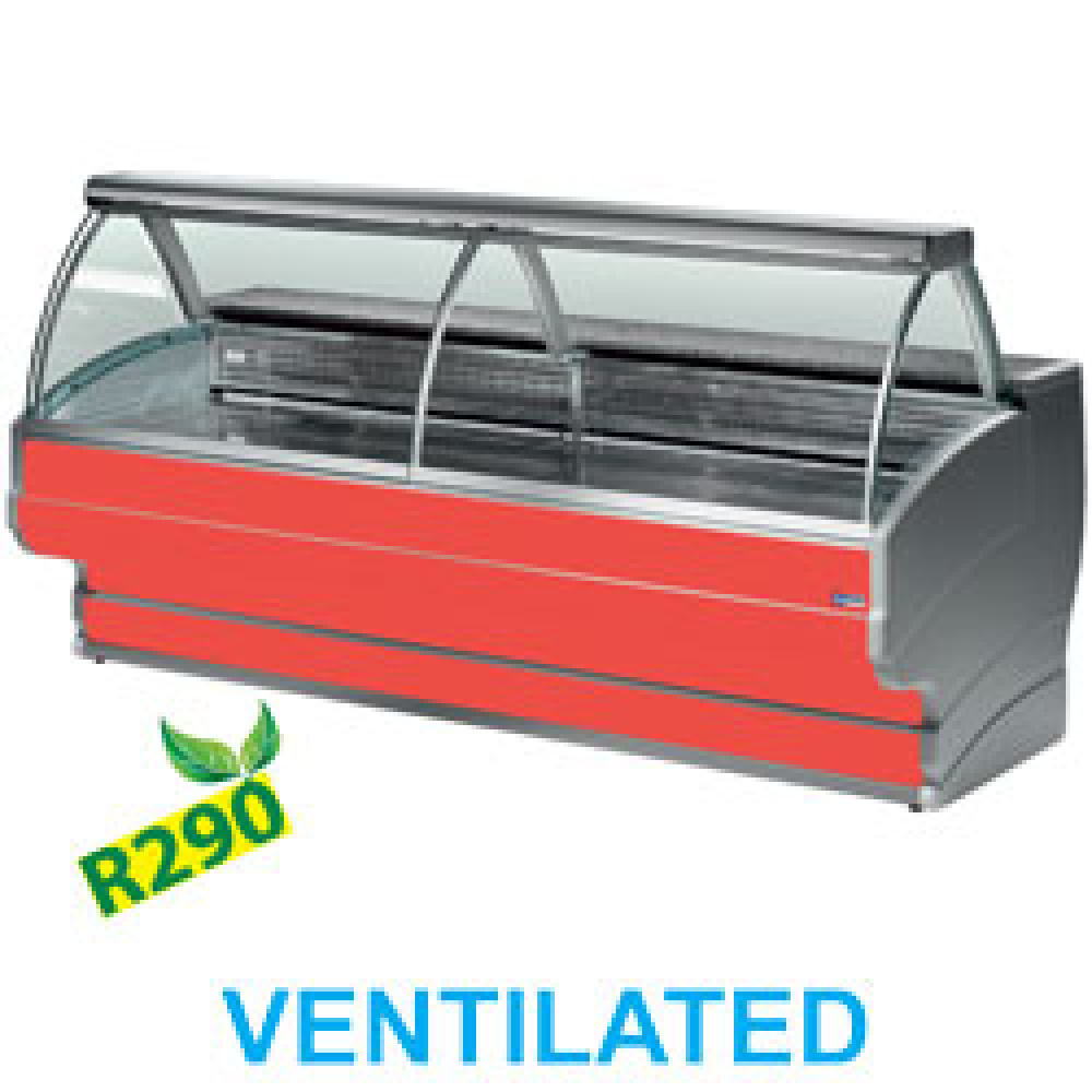 Mostrador vitrina refrigerada vidrio curvo, ventilado, con reserva