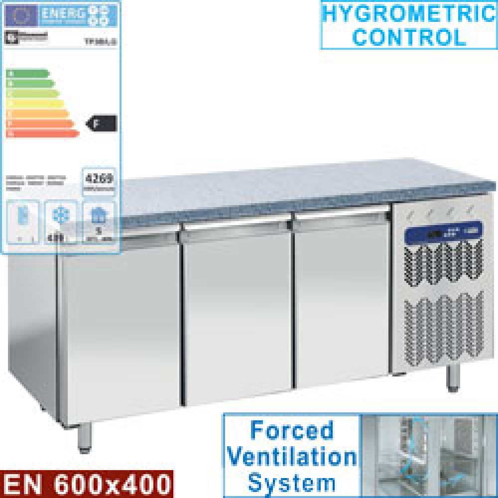 Mesa de congelación, ventilada , 3 puertas EN 600x400 - Top de granito