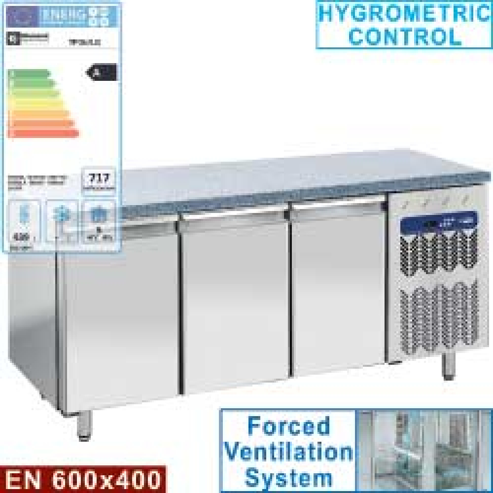 Mesa frigorífica, ventilada, 3 puertas EN 600x400 - Top de granito