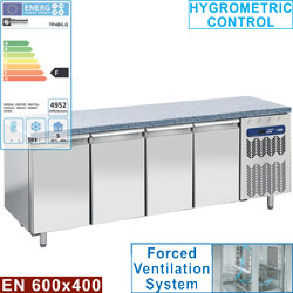 Mesa de congelación, ventilada, 4 puertas EN 600x400 - Top de granito