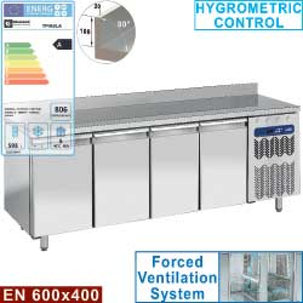 Mesa frigorífica "mural" y ventilada, 4 puertas EN 600x400, 760 litros