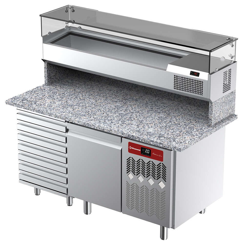 Mesa frigorífica ventilada para pizza con 1 puerta y 7 cajones y vitrina refrigerada 1600x380x410 y encimera de granito.