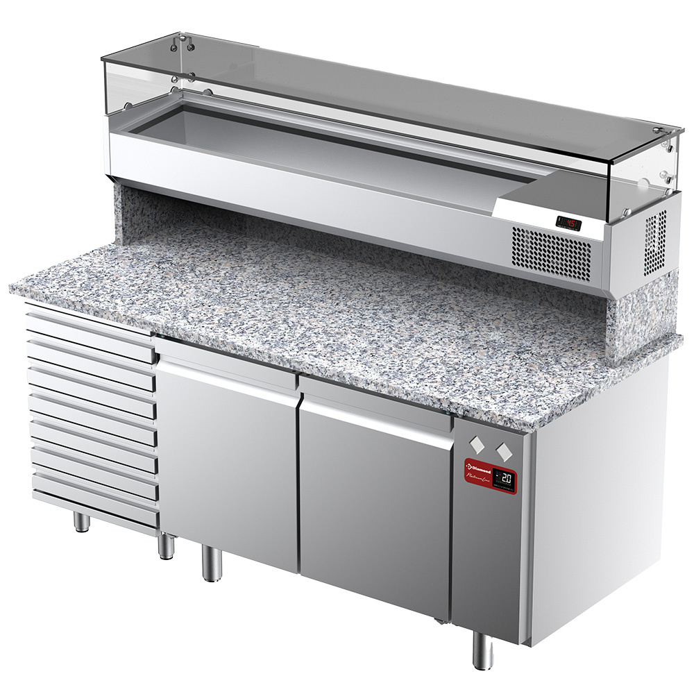 Mesa frigorífica ventilada para pizza con 2 puertas y 7 cajones y vitrina refrigerada 1800x380x410 y encimera de granito.