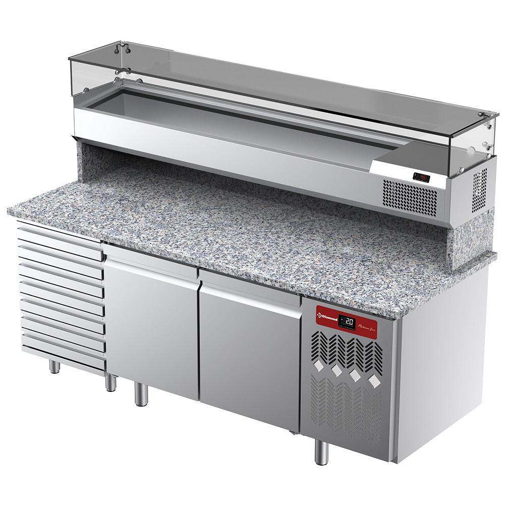 Mesa frigorífica ventilada para pizza con 2 puertas y 7 cajones y vitrina refrigerada 2000x380x410 y encimera de granito.
