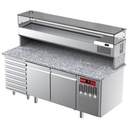 Mesa frigorífica ventilada para pizza con 2 puertas y 7 cajones y vitrina refrigerada 2000x380x410 y encimera de granito.