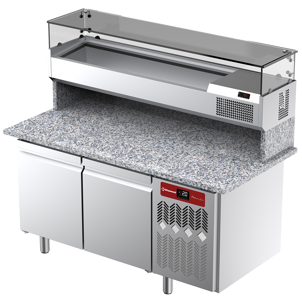 Mesa frigorífica ventilada para pizza con 2 puertas y vitrina refrigerada 1600x380x410 y encimera de granito.