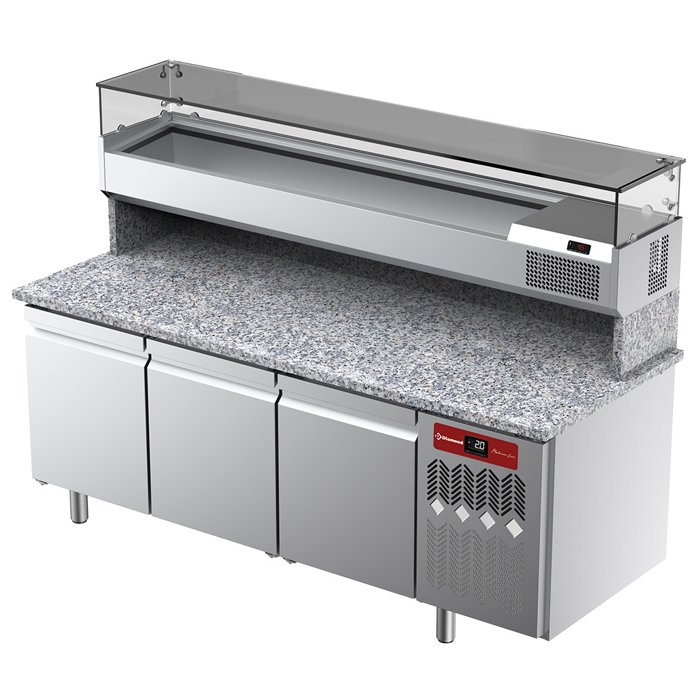 Mesa frigorífica ventilada para pizza con 3 puertas y vitrina refrigerada 2000x380x410 y encimera de granito.