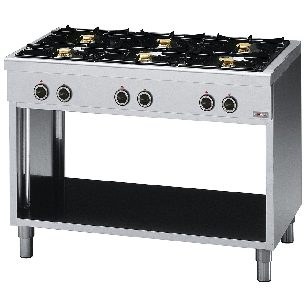 Cocina con 6 fuegos, sobre armario abierto