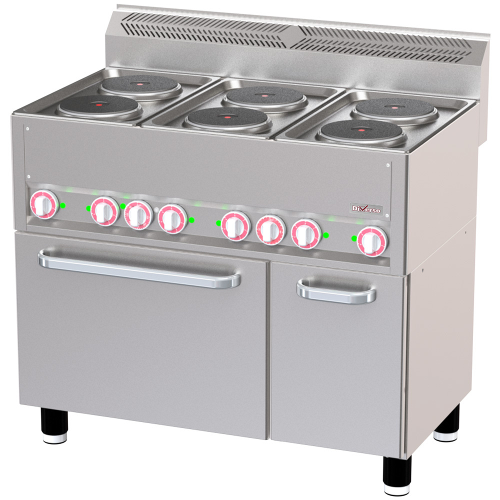 Cocina con 6 placas eléctricas sobre horno de convección GN1/1 y armario neutro
