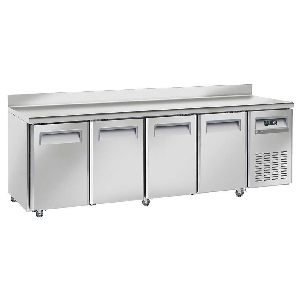 Mesa frigorífica y ventilada, 4 puertas GN 1/1, con respaldo, sobre ruedas, 2 con frenos