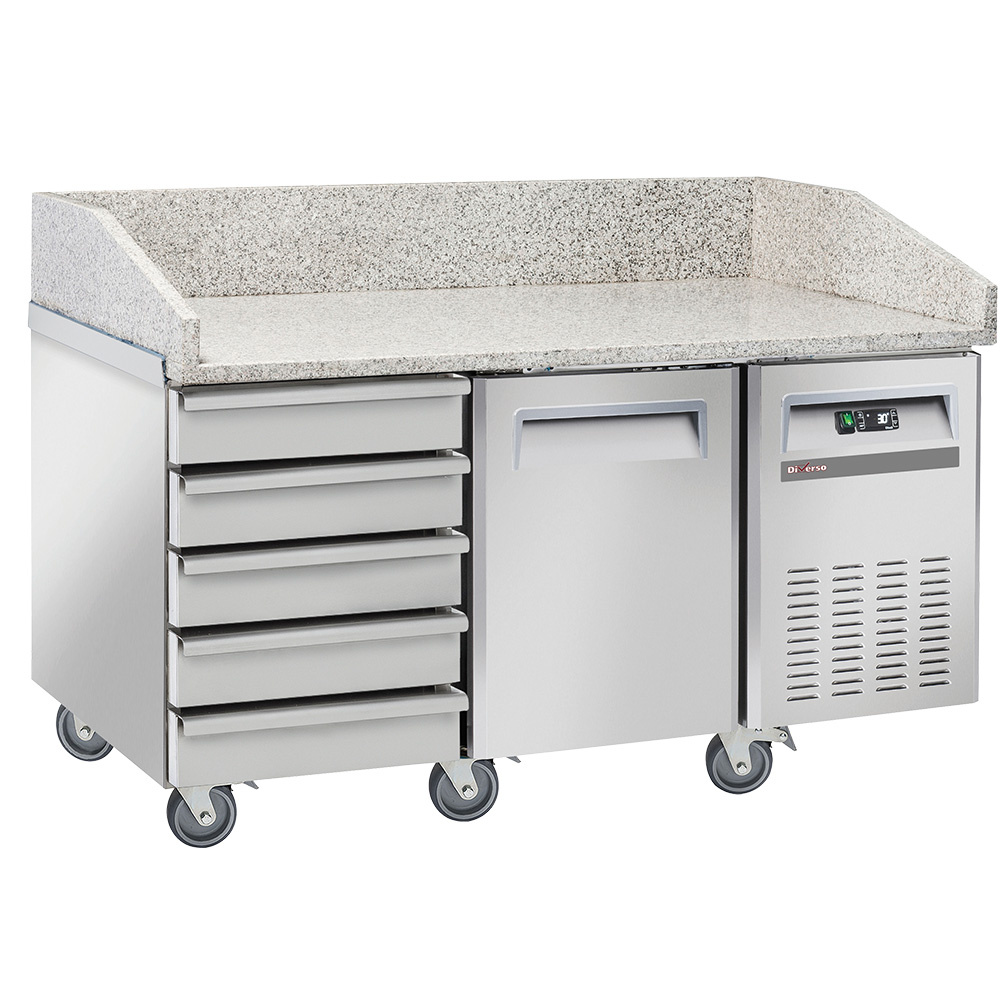 Mesa refrigerada para pizzería, 1 puerta EN 600x400, 5 cajones neutros EN 600x400, sobre ruedas, 2 con frenos