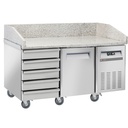 Mesa refrigerada para pizzería, 1 puerta EN 600x400, 5 cajones neutros EN 600x400, sobre ruedas, 2 con frenos