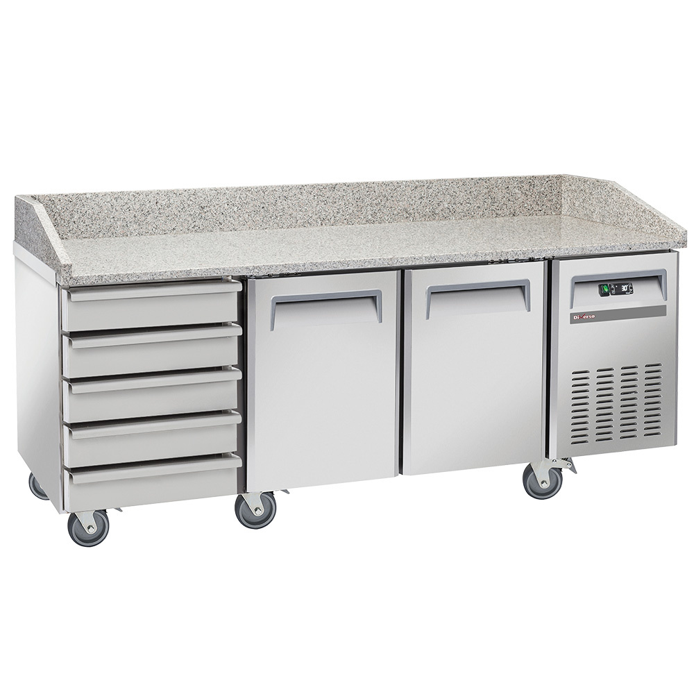 Mesa refrigerada para pizzería, 2 puertas EN 600x400, 5 cajones neutros EN 600x400, sobre ruedas, 2 con frenos