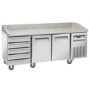 Mesa refrigerada para pizzería, 2 puertas EN 600x400, 5 cajones neutros EN 600x400, sobre ruedas, 2 con frenos