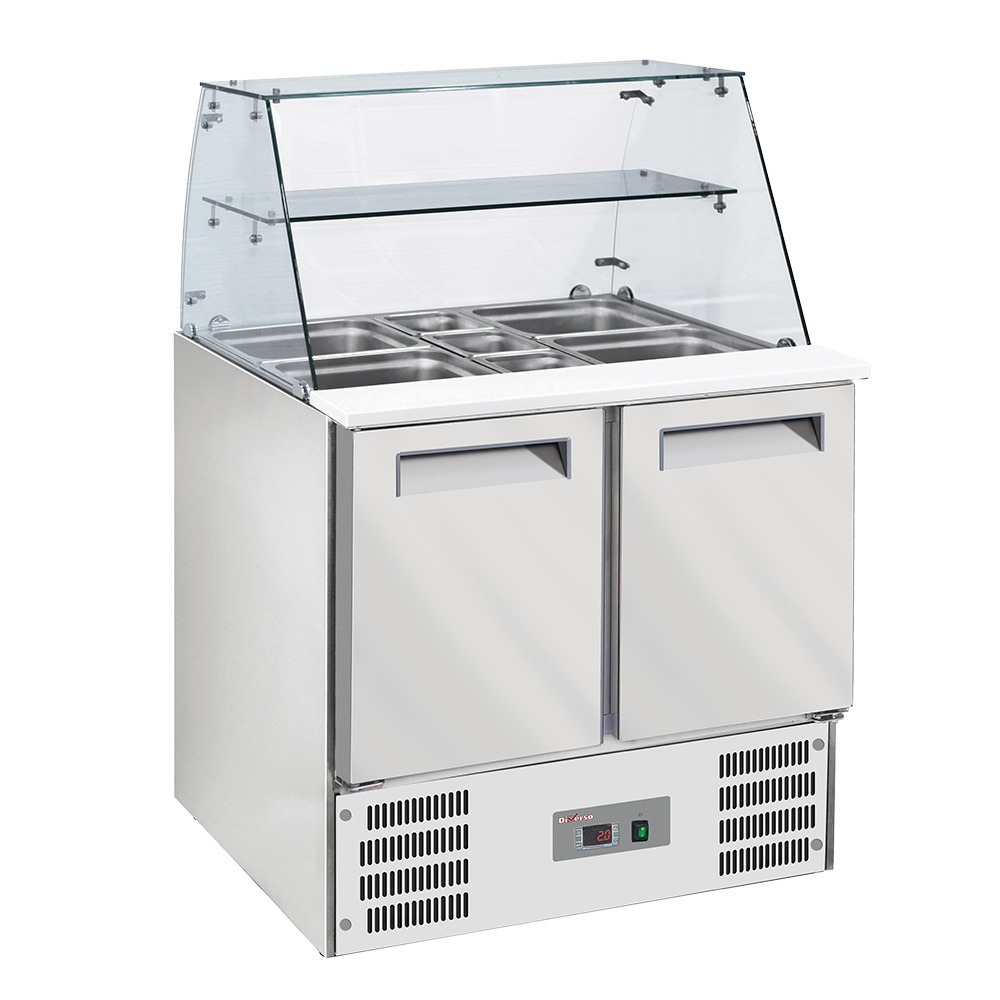 Saladette con cristal curvo 2x GN1/1+3x GN 1/6-150 mm + reserva 2 puertas GN 1/1
