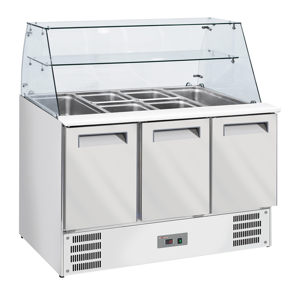 Saladette con cristal curvo 4xGN1/1-150 mm + reserva 3 puertas GN 1/1