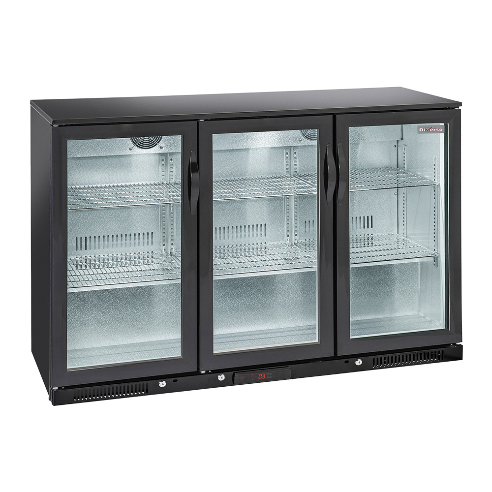 Enfriador de botellas ventilado "barra trasera", 3 puertas de cristal batiente