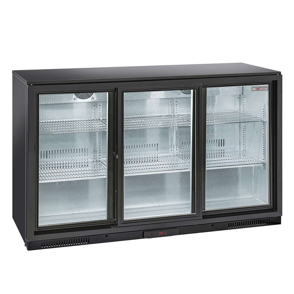 Enfriador de botellas ventilado "barra trasera", 3 puertas de cristal corredizas