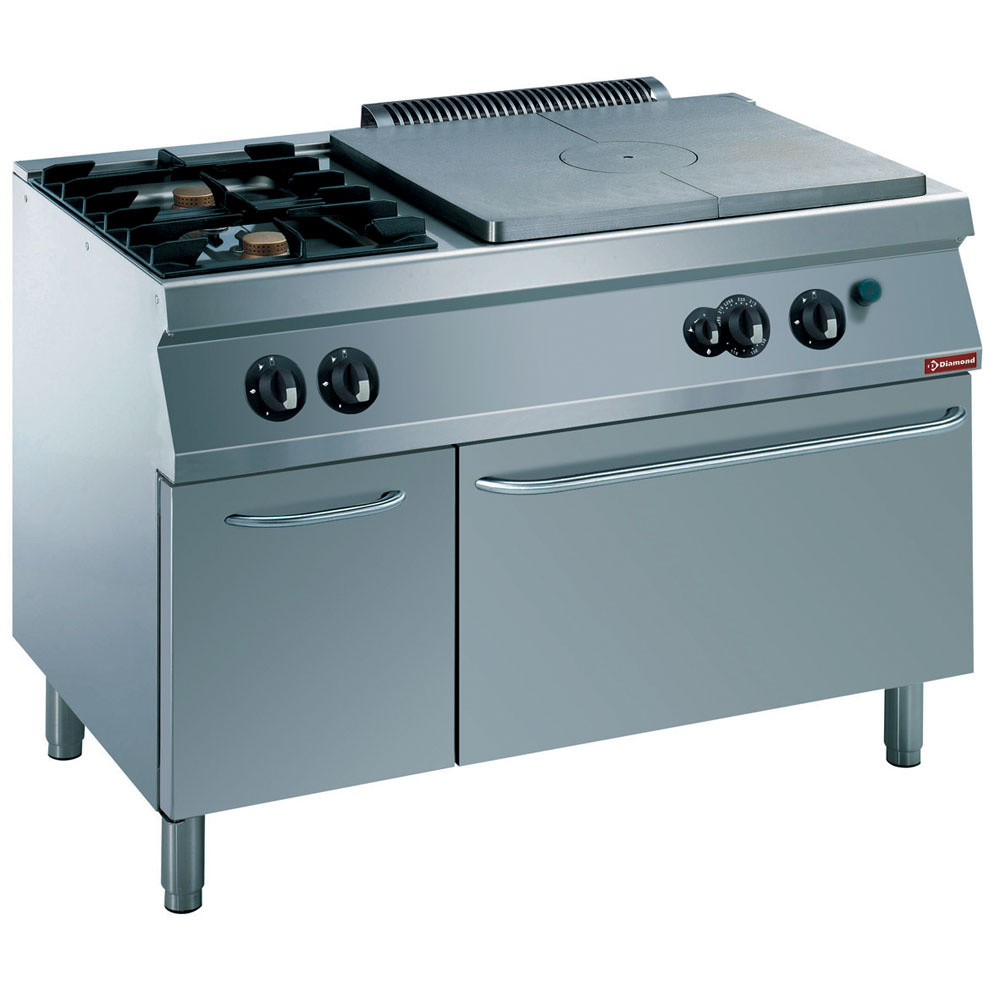 Cocina 2 fuegos, placa incandescente, horno a gas GN 2/1, armario neutro