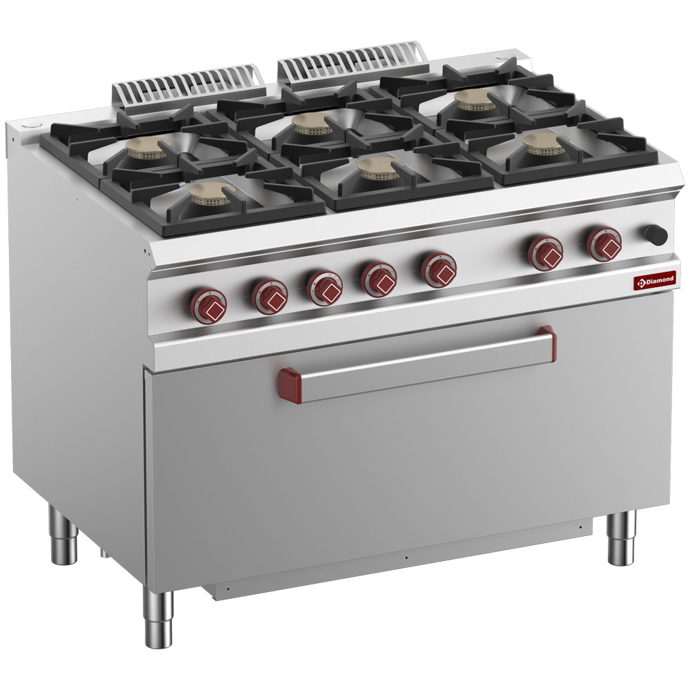 Hornilla de 6 fuegos vivos, con horno maxi de gas