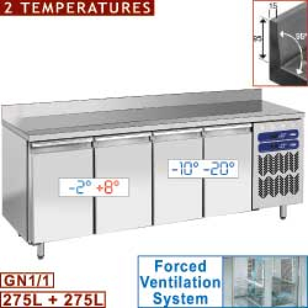 Mesa frigorífica y de congelación, 2 témperatures "mural ", ventilada, 4 puertas GN 1/1, 550 Lit.