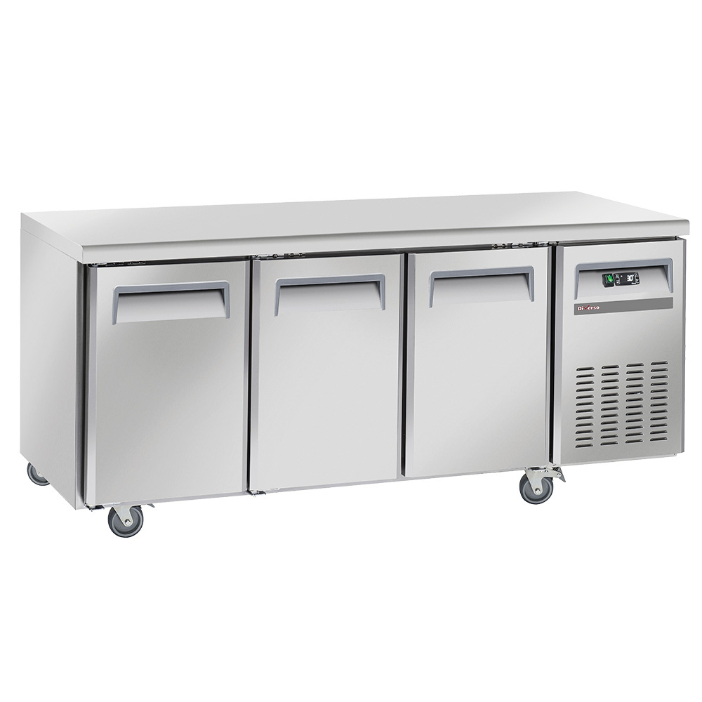 Mesa frigorífica y ventilada, 3 puertas GN 1/1, sobre ruedas, 2 con frenos