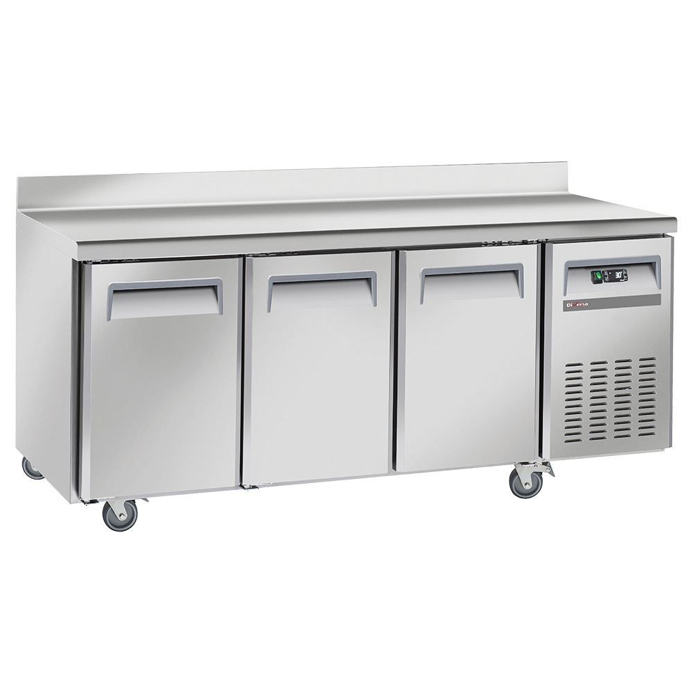Mesa frigorífica y ventilada, 3 puertas GN 1/1, con respaldo, sobre ruedas, 2 con frenos