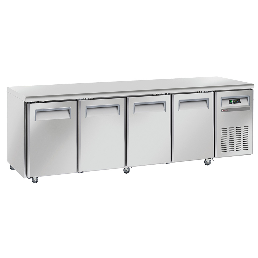 Mesa frigorífica y ventilada, 4 puertas GN 1/1, sobre ruedas, 2 con frenos