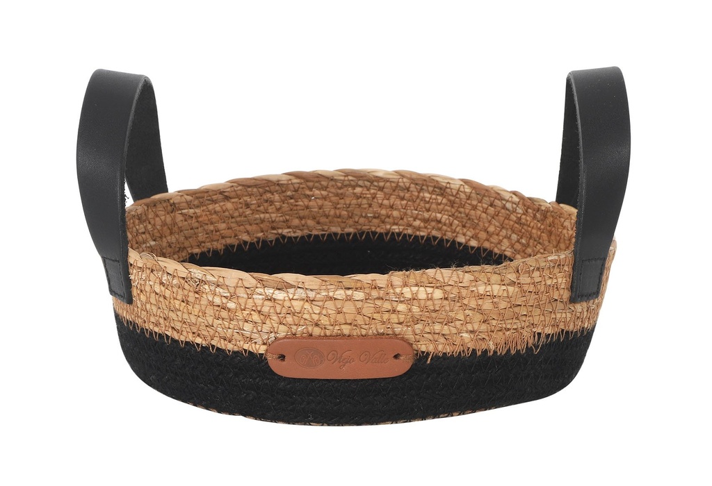[B101V002B] CESTA SEAGRASS ASA PIEL NEGRA 20X7cm